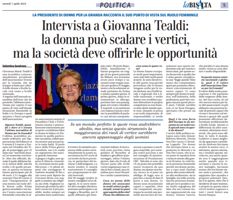 Intervista alla presidente Tealdi Giovanna – La Bisalta 07/04/2023