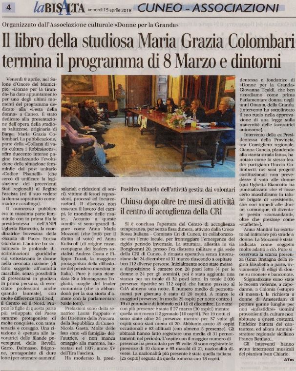 ARTICOLO SUL SAGGIO DI MARIA GRAZIA COLOMBARI – CONVEGNO SVOLTO A CUNEO 08/04/2016